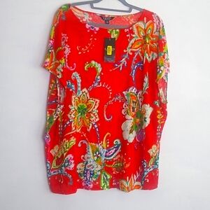 Lauren Ralph Lauren Red Orange Multi Floral Paisley Top Blouse Linen size 3X NWT